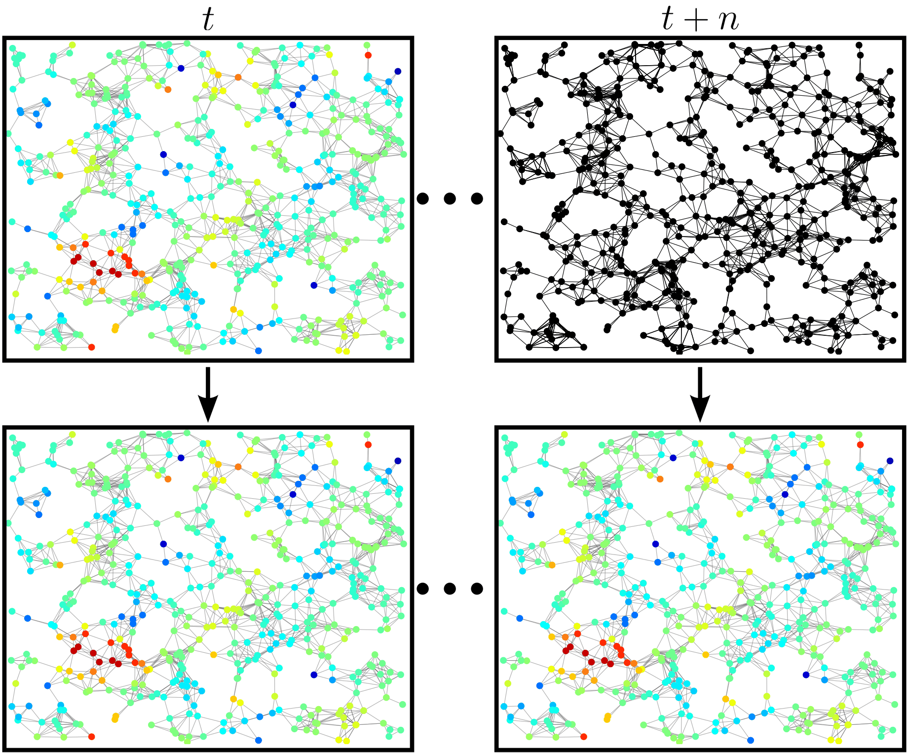 Two rows of network snapshots; the top-right snapshot is entirely black, the bottom row is fully colored